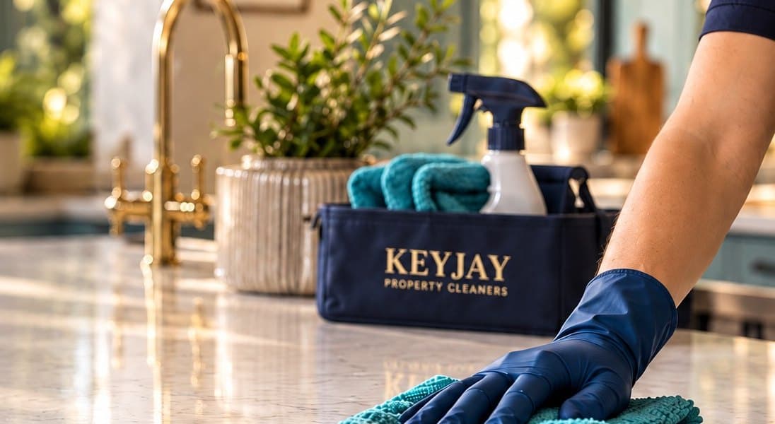 A KEYJAY cleaner wiping down a marble kitchen worktop in a bright, plant-filled kitchen